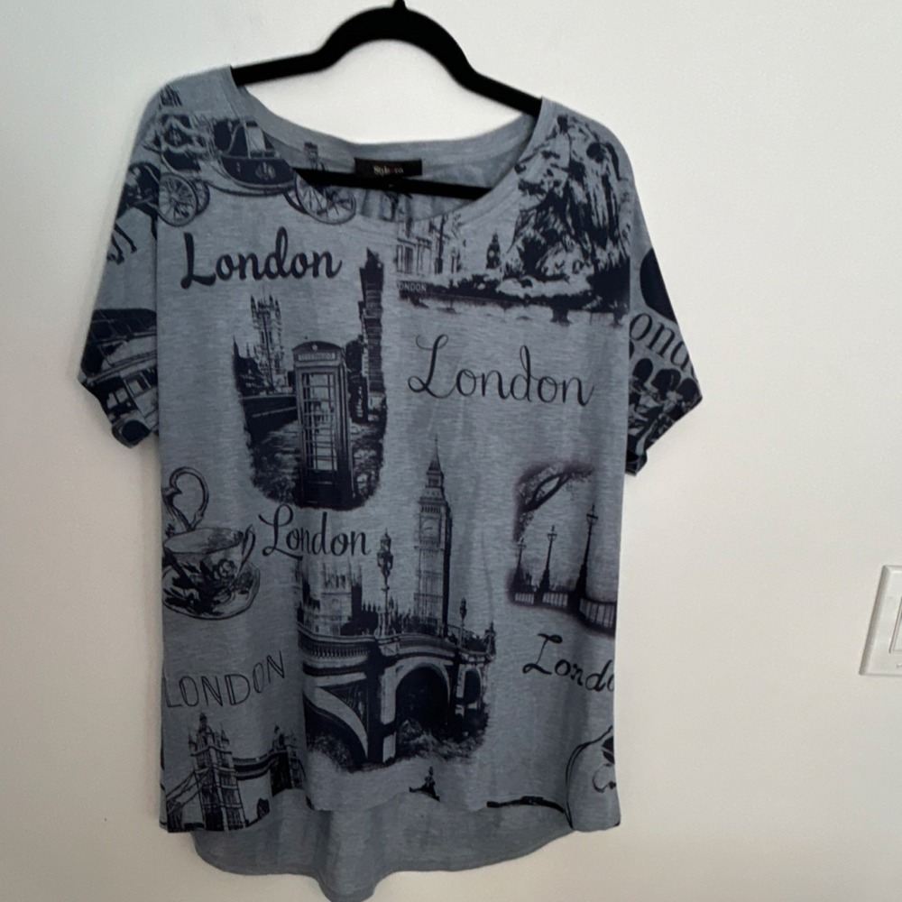 Style&co. London Graphic Print Short Sleeve Top Gray XL 100% Polyester